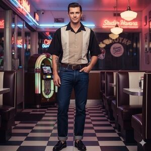 Studio Havana Men XL Black Beige Panel Retro Bowling Rockabilly Camp Cuban Shirt